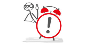 Ein Strichmännchen erhebt den Zeigefinger und kommt hinter einer roten Uhr hervor, die statt Zahlen ein Ausrufezeichen hat | Immobilie Verkaufszeitpunkt